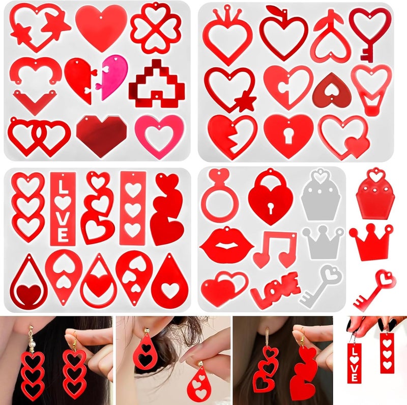 ZQYSING 4 Pack Resin Earring Molds with Holes, Resin Jewelry Molds Variety Heart Lips Crown Keys Lock Waterdrop Musical Notes Love, Shape Silicone Earring Pendant Bracelet Charm Mold - Image 1